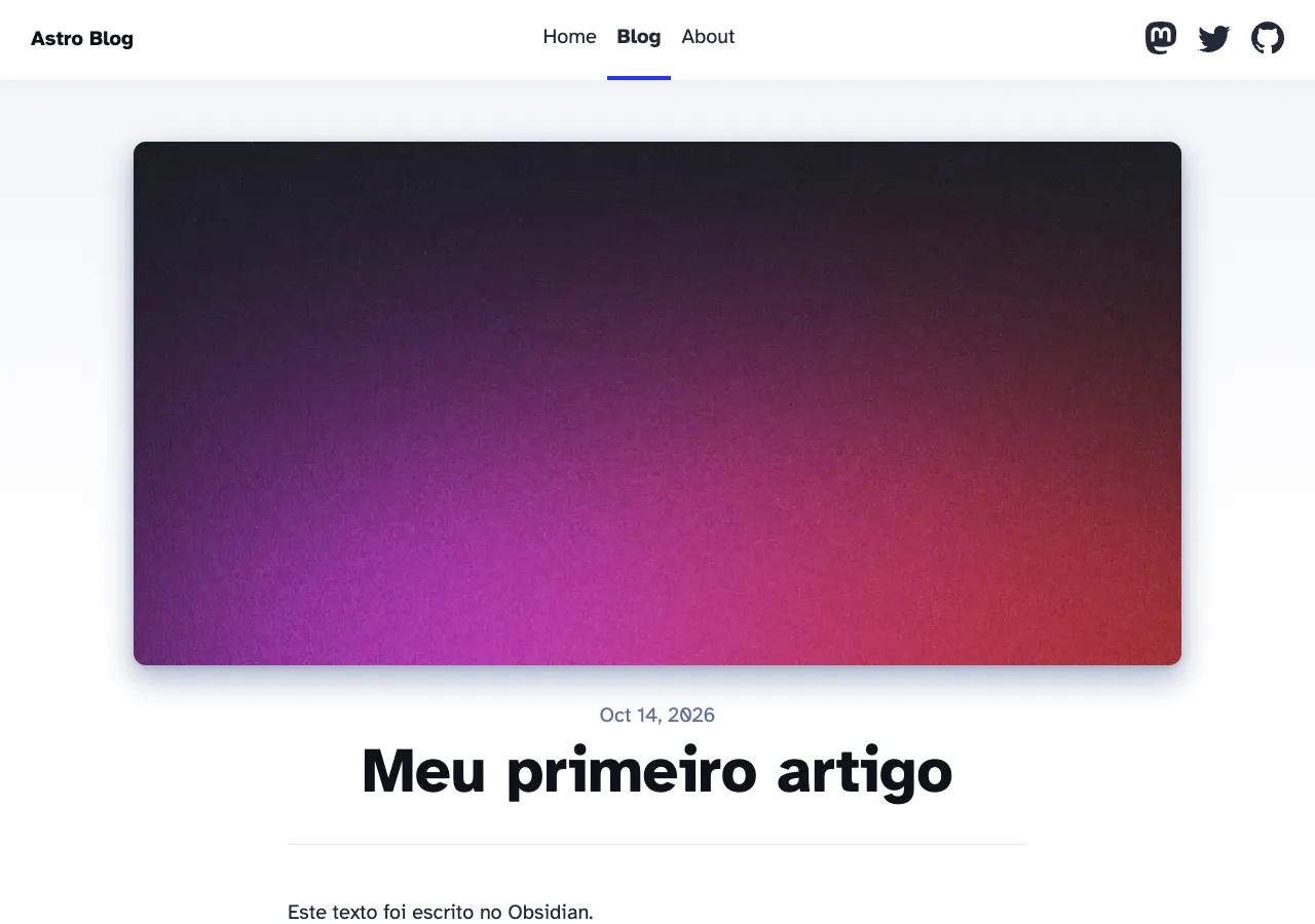 A nota “Meu primeiro artigo” publicada pelo template de blog do Astro: capa, data, título e texto